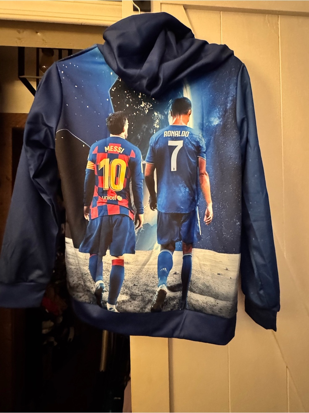 OshKosh B'gosh Navy Blue Soccer Hoodie with Messi & Ronaldo Graphic